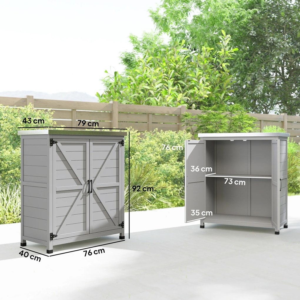 Outsunny - Dulap de Depozitare pentru Exterior, Cutie de Depozitare din Lemn cu Blat Metalic și Rafturi, Banc de Lucru pentru Grădină cu Uși Duble, Gri | Aosom Romania