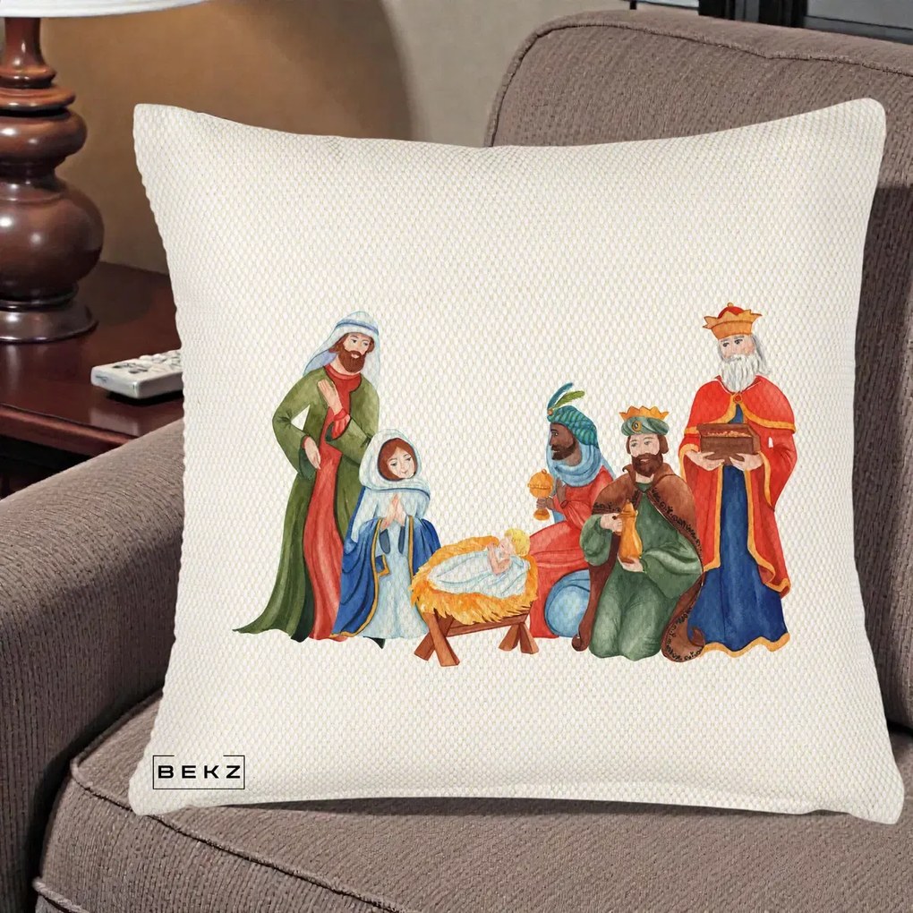 Perna Decorativa Nasterea Domnului Cei Trei Magi Acuarela, 40x40 cm, Crem Reliefat, Husa Detasabila, Perna Inclusa, BEKZ®