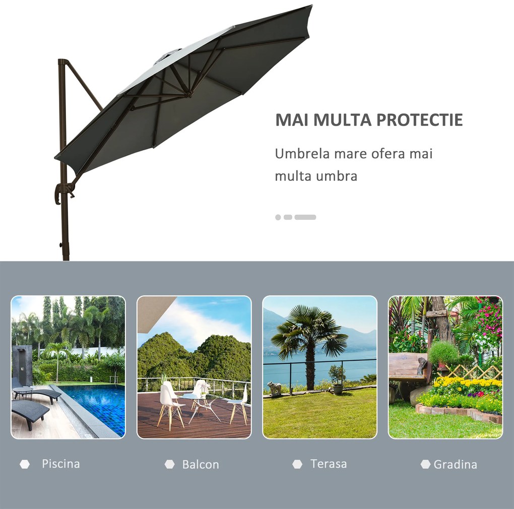 Outsunny Umbrel de Gradină cu Manivelă cu Înclinare Reglabilă, Umbrelă cu Braț și Stinghii, Ø2.95x2.5 m, Gri | Aosom Romania