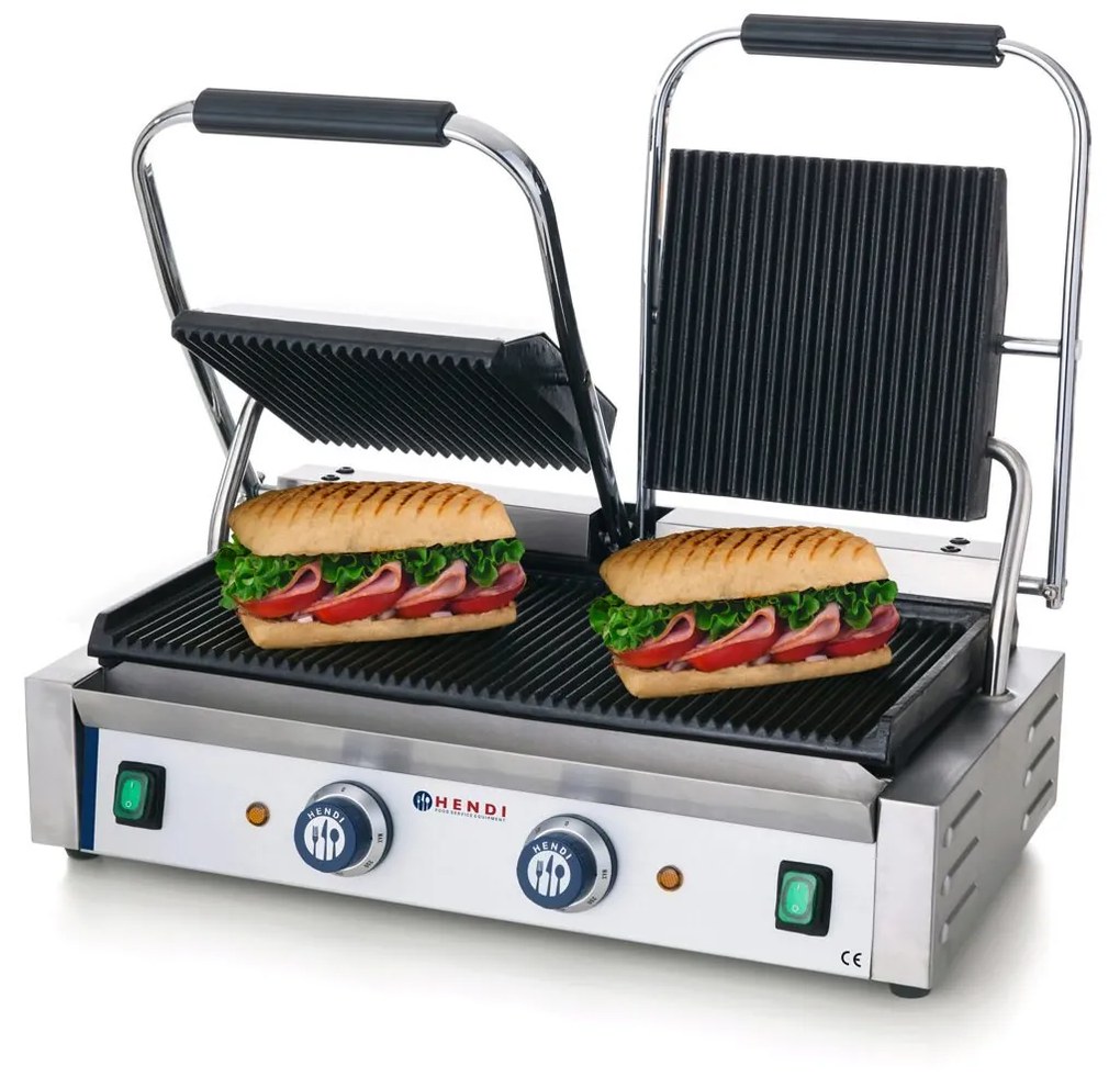 Contact grill dublu, 3600W, 2 termostate 0-300 gr C, ambele suprafete striate 475x230 mm, electric,potrivit si pentru uz profesional