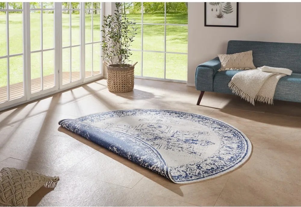 Covor adecvat pentru exterior NORTHRUGS Borbon, ø 140 cm, albastru-crem