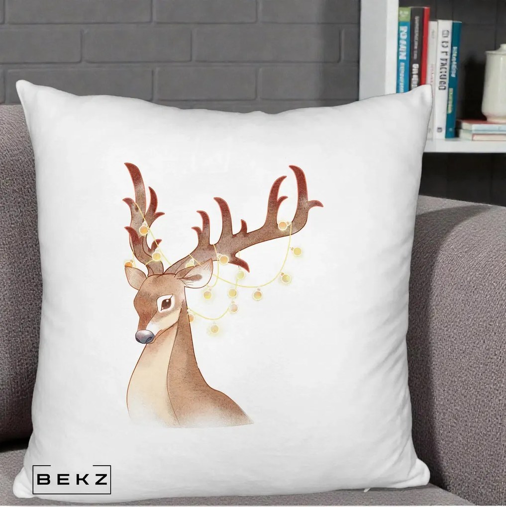 Perna Decorativa Ren cu Luminite de Craciun, 40x40 cm, Alb Pufos, Husa Detasabila, Perna Inclusa, BEKZ®