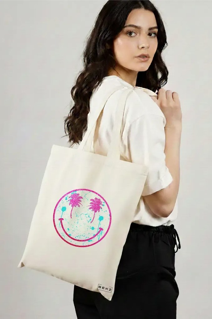 Sacosa de Panza pentru Cumparaturi, Geanta Tote, model Beach Smile, 38x34.5 cm, Alba, BEKZ®