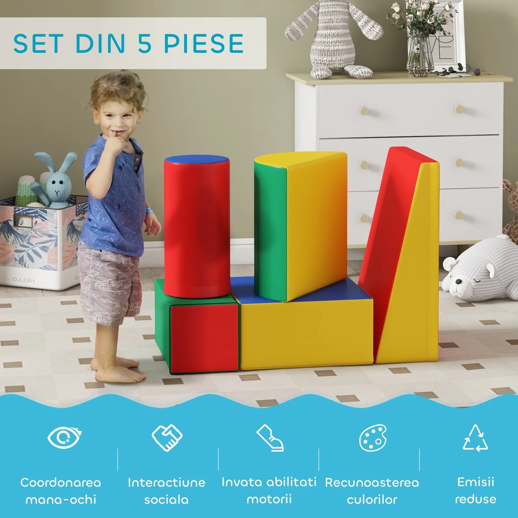 HOMCOM Set Construcții Moi pentru Copii 1-3 Ani cu 5 Blocuri, Multicolor | Aosom Romania