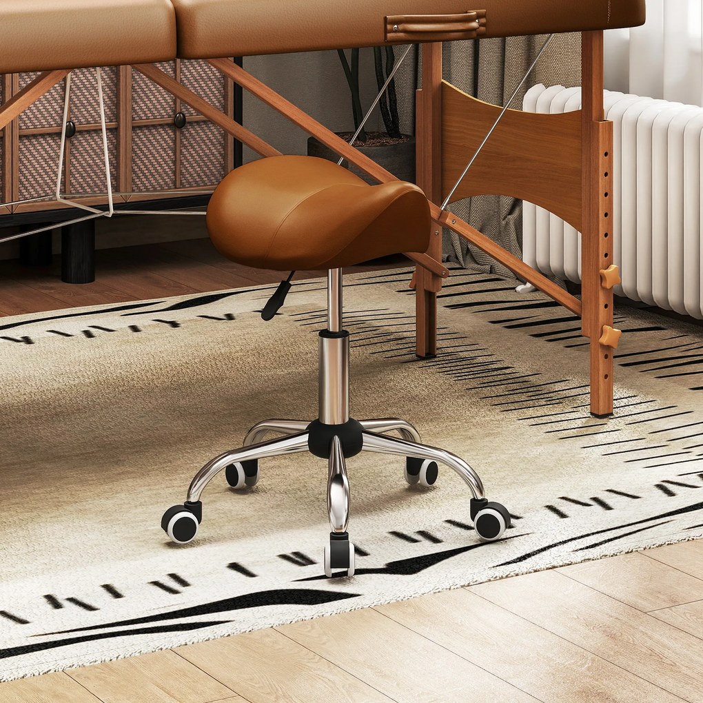 HOMCOM Taburet cu roți, scaun de lucru cu înălțime reglabilă 49-61 cm și șa ergonomică, 52x53x49-61cm, maro | Aosom Romania
