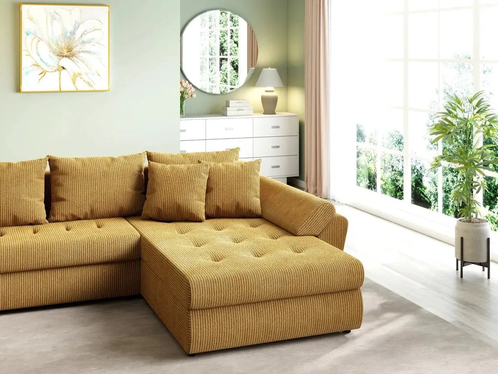 Colțar extensibil dumonde cu ladă de depozitare si sezut confortabil din spuma high-density, Loana U Zoom Mustar 355x185 cm