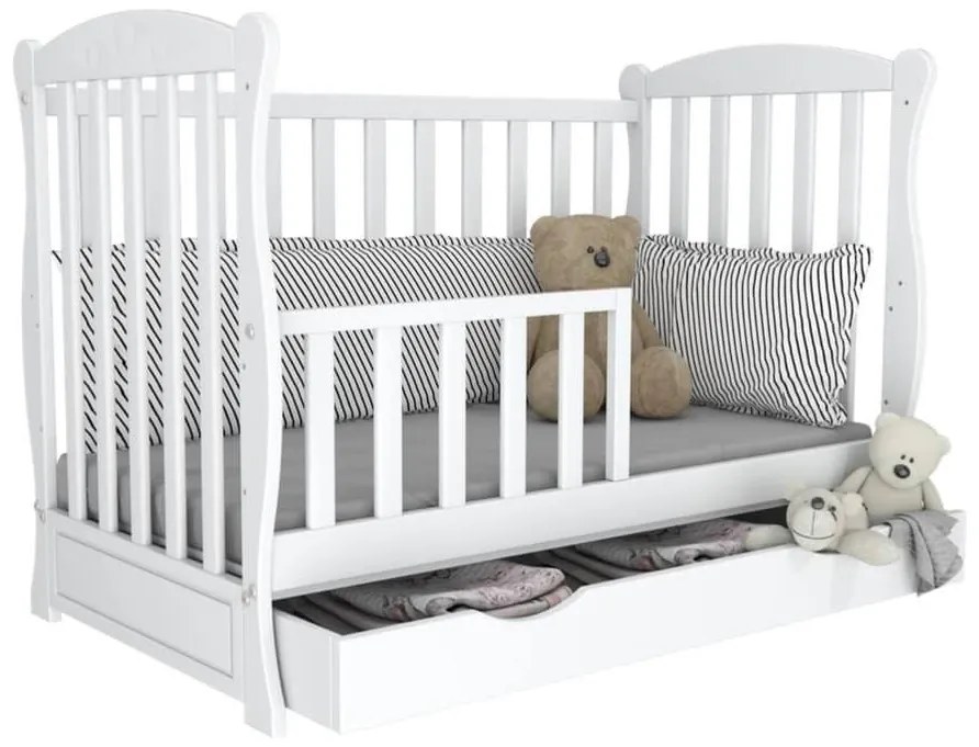 Patut din lemn masiv 120x60 cm Bethany alb cu sertar, include bariera