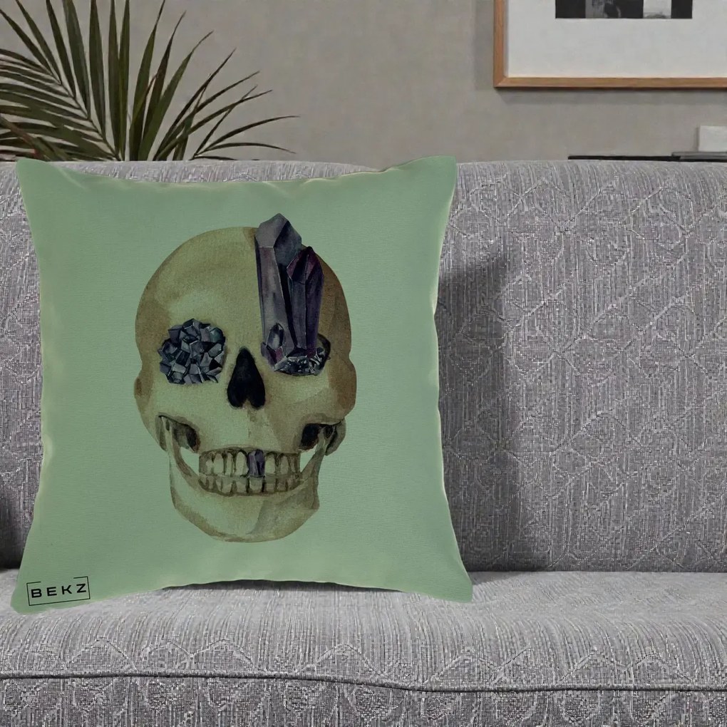 Perna Decorativa Craniu cu Cristale de Ametist, 40x40 cm, Verde, Husa Detasabila, Perna Inclusa, BEKZ®