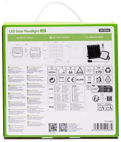 Proiector LED solar dimabil Aigostar LED/50W/3,4V IP66 + telecomandă