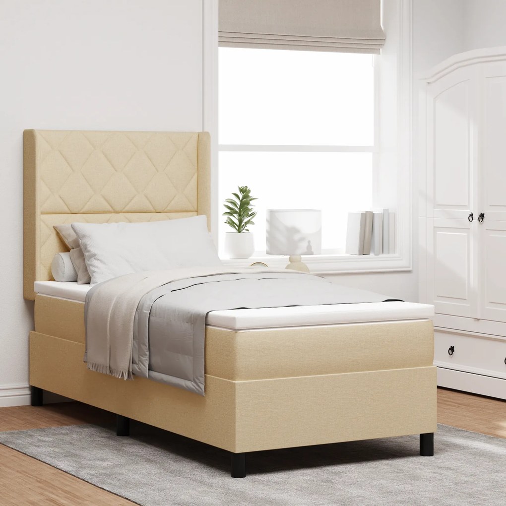 vidaXL Pat box spring cu saltea &amp; LED, crem, 90x200 cm, textil