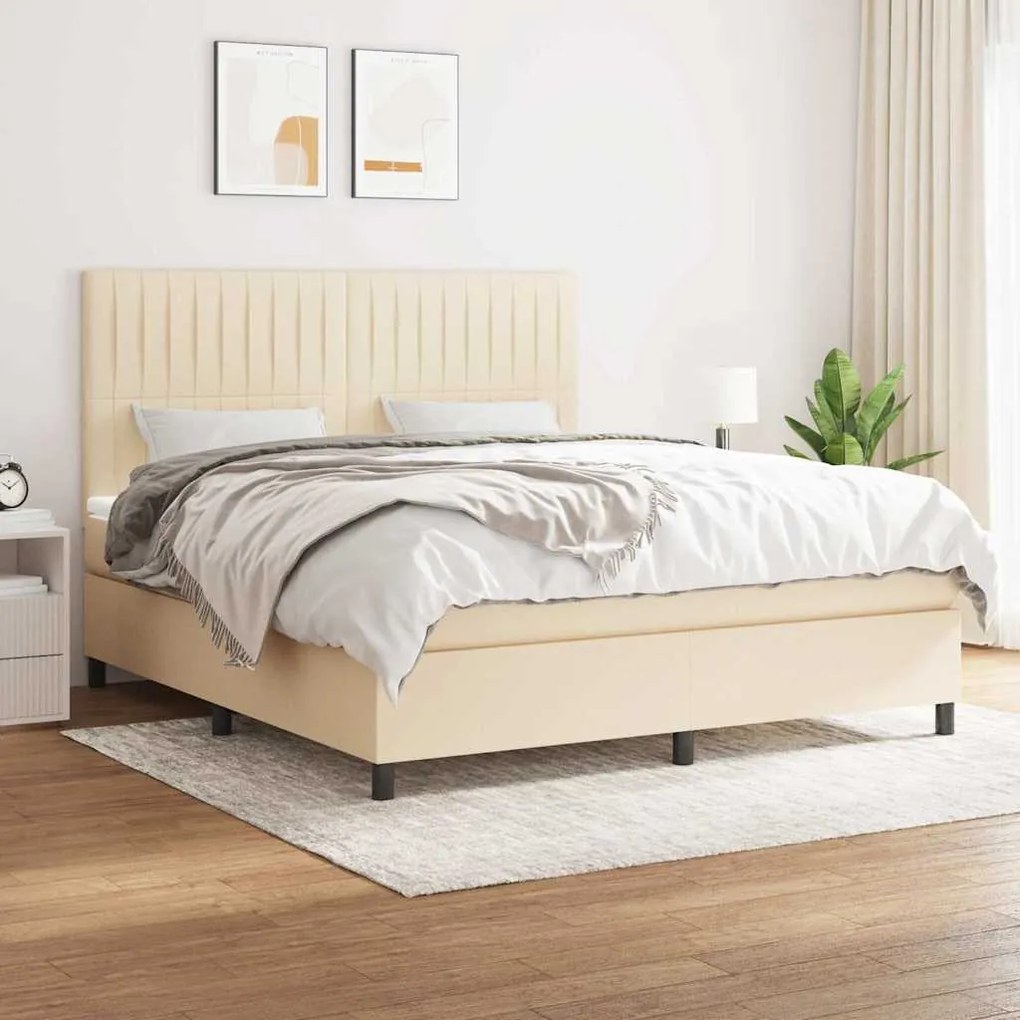 vidaXL Pat box spring cu saltea, crem, 160x200 cm, material textil