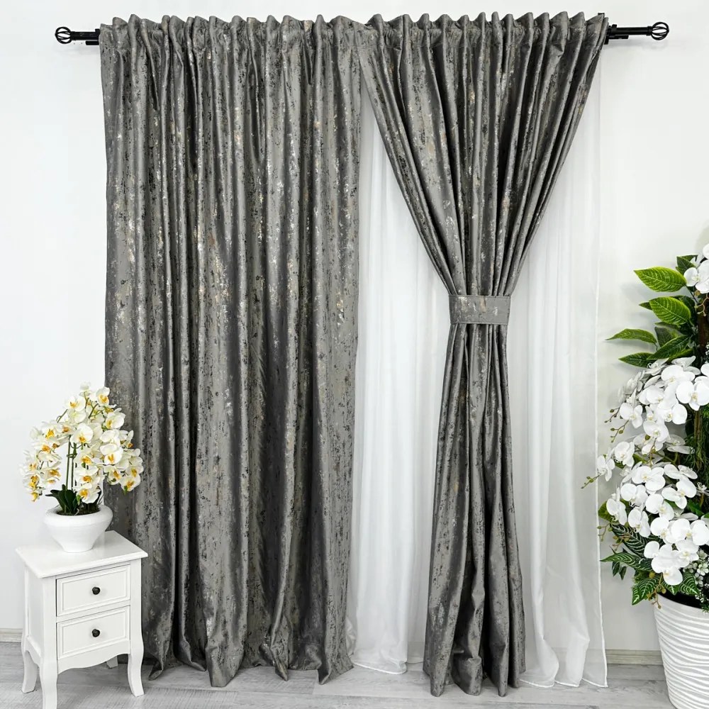 Draperie Catifea cu insertii aurii  Gri v2  200cm latime x 232cm inaltime  cu rejansa pentru bara