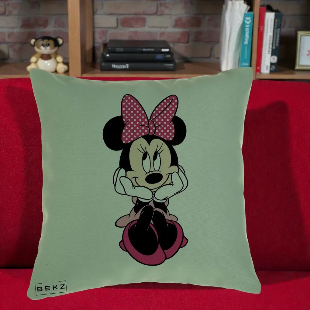 Perna Personalizata Minnie Mouse cu Fundita, 40x40 cm, Verde, Husa Detasabila, Perna Inclusa, BEKZ®