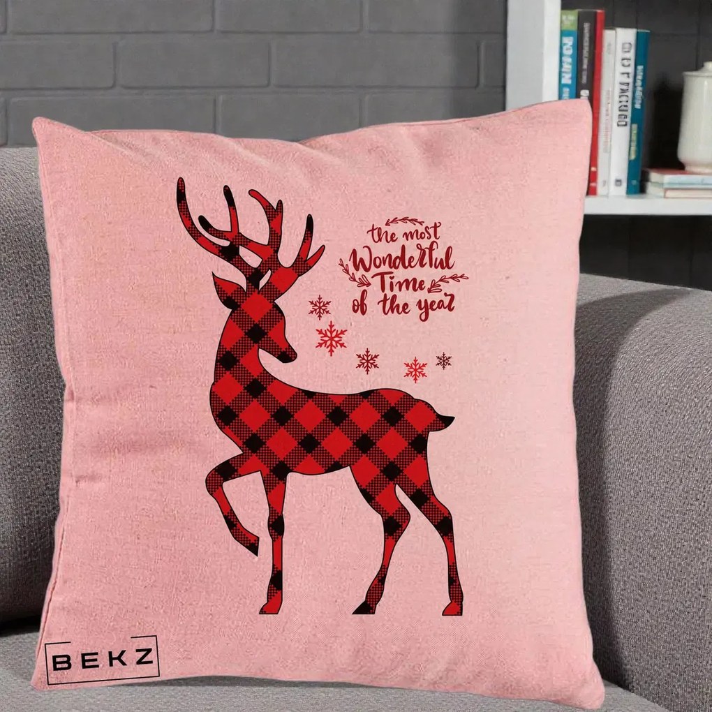 Perna Decorativa Ren Buffalo Plaid Craciun, 40x40 cm, Roz, Husa Detasabila, Perna Inclusa, BEKZ®