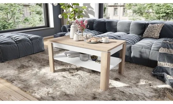 Masă de cafea extensibilă ADEN, cu blat rabatabil și poliță, stejar sonoma/alb