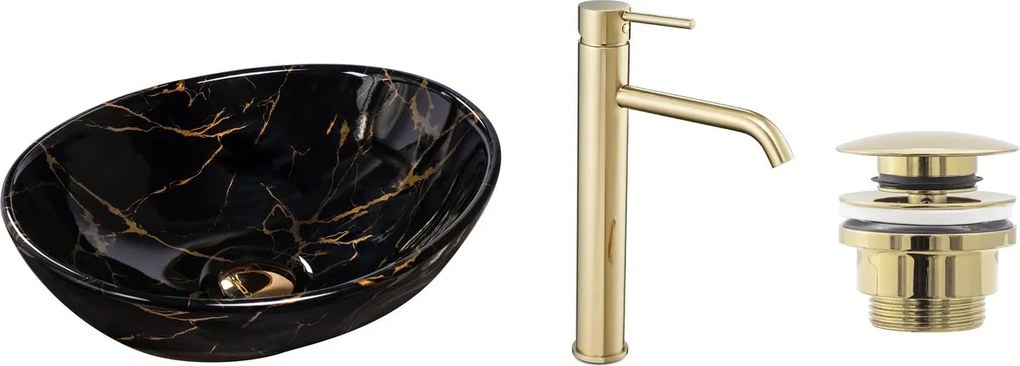Set lavoar Sofia marble negru + baterie inalta Lungo auriu + dop universal auriu