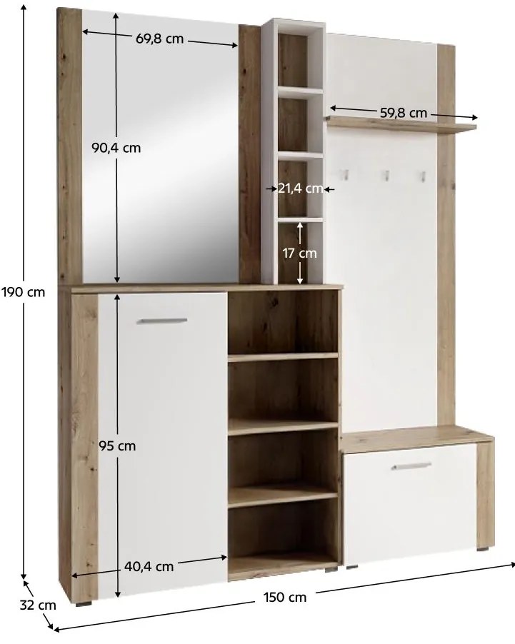 Set mobilier hol Fulgores (stejar artisan + alb) (cu oglindă). 1116335
