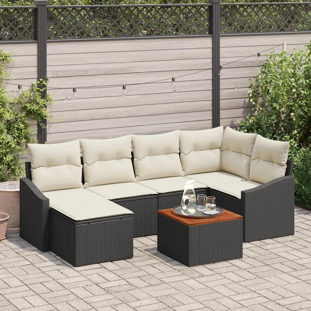 vidaXL Set colțar grădină , 7 piese, cu perne, ratan sintetic negru, acacia