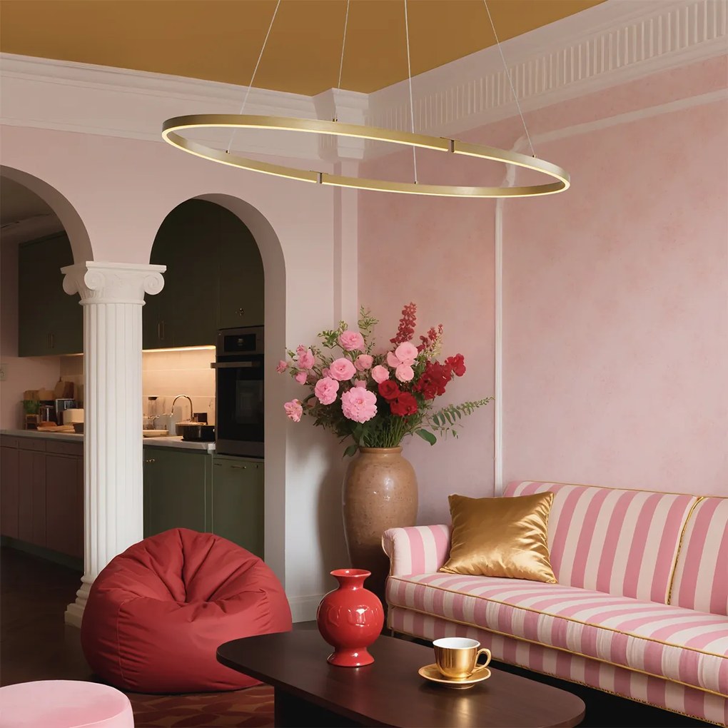 Lampă suspendată de design alamă 120cm inclusiv LED cu 3 trepte de intensitate luminoasă - Ovallo