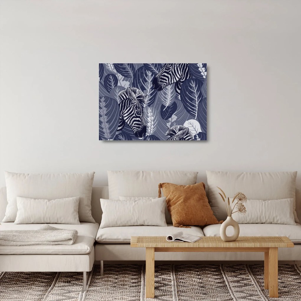 Tablou pe sticlă - Zebre între frunze (70x50 cm)
