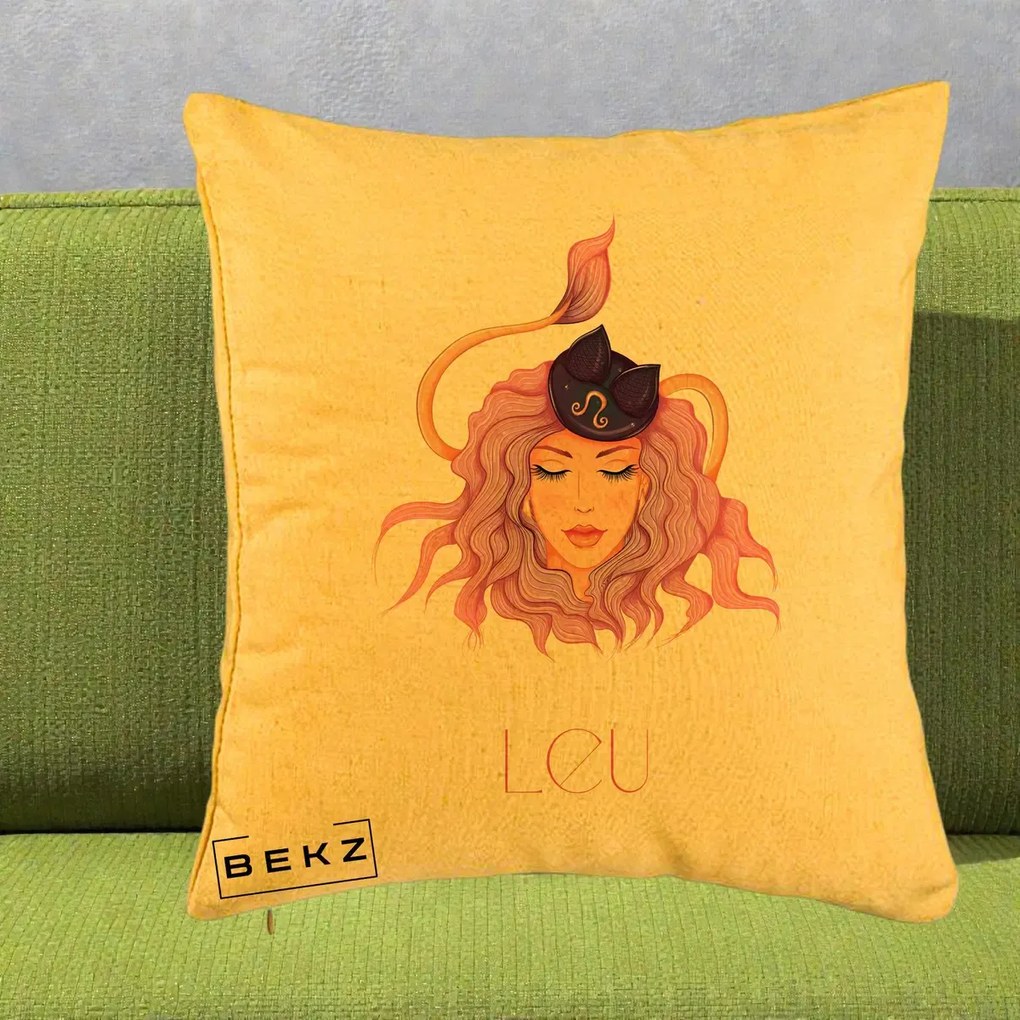 Perna Personalizata Zodie Leu, 40x40 cm, Galben, Husa Detasabila, Perna Inclusa, BEKZ®