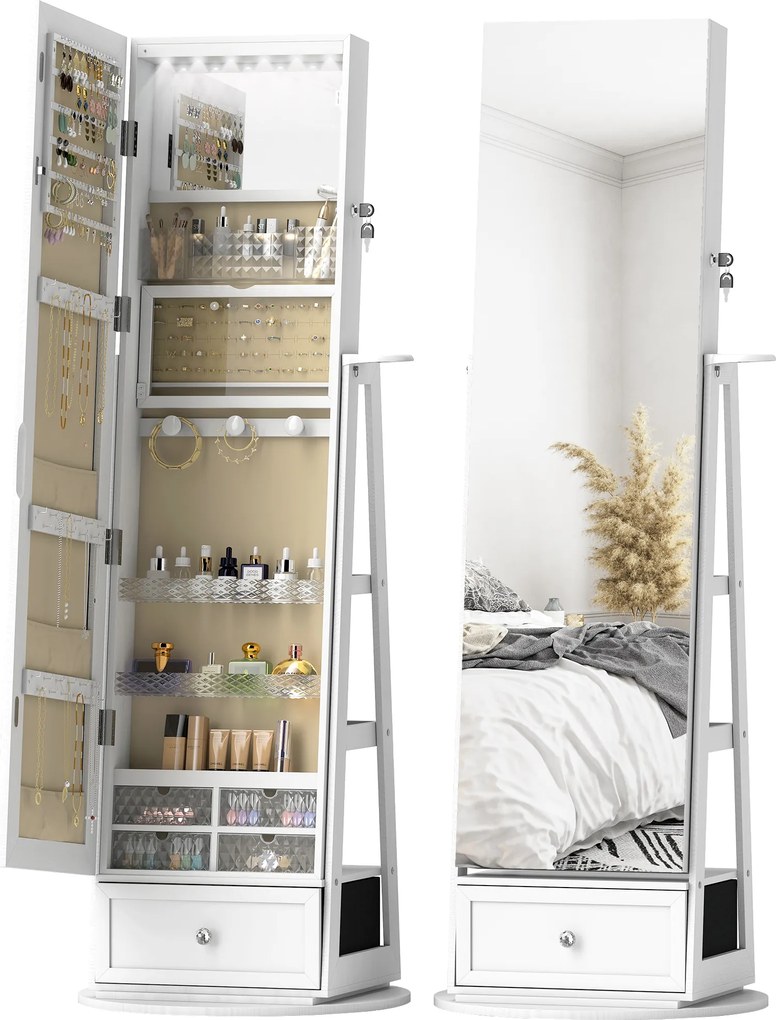 HOMCOM Oglindă-dulap pentru bijuterii cu LED-uri Dulap pentru bijuterii cu oglindă integrală Rotativ 360° Sertar Încuietoare Alb | Aosom Romania