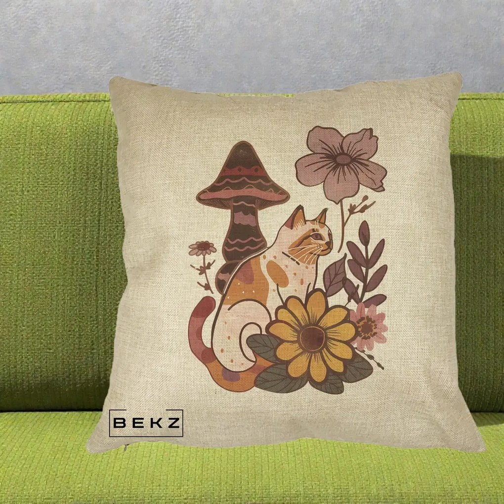 Perna decorativa Pisica Vintage Florala Boho, 40x40 cm cu Umplutura, Crem, BEKZ