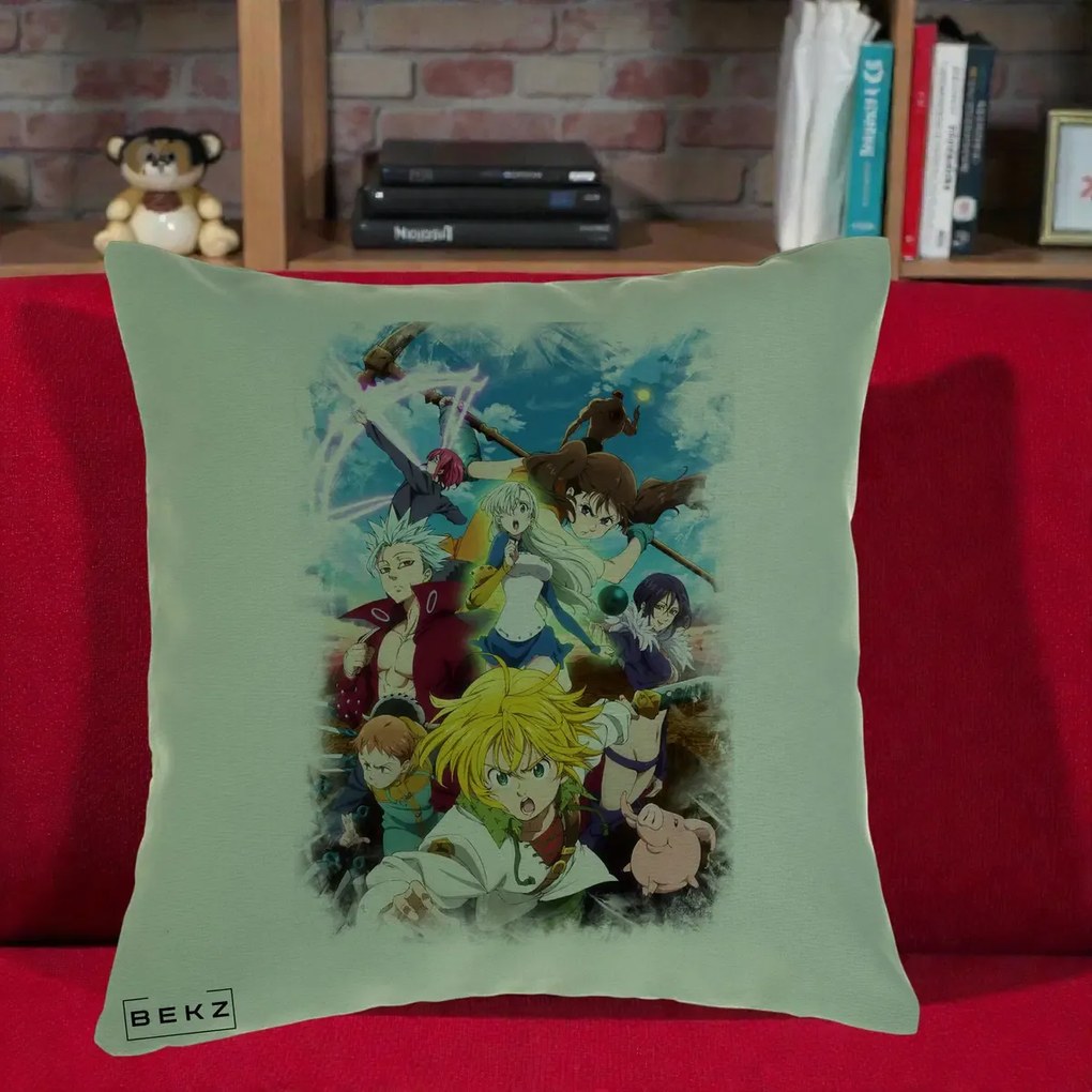 Perna Personalizata Nanatsu no Taizai Cele Sapte Pacate Mortale Anime, 40x40 cm, Verde, Husa Detasabila, Perna Inclusa, BEKZ®