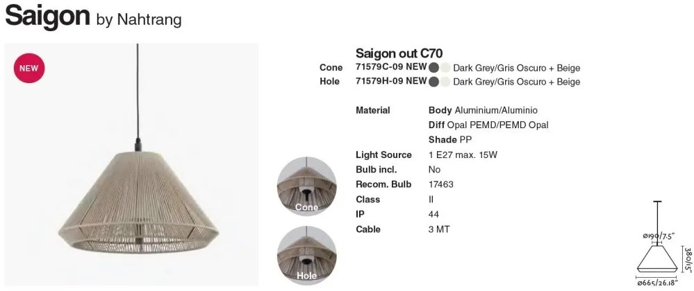 Lustra/Pendul iluminat exterior decorativ SAIGON cone W70 gri/bej