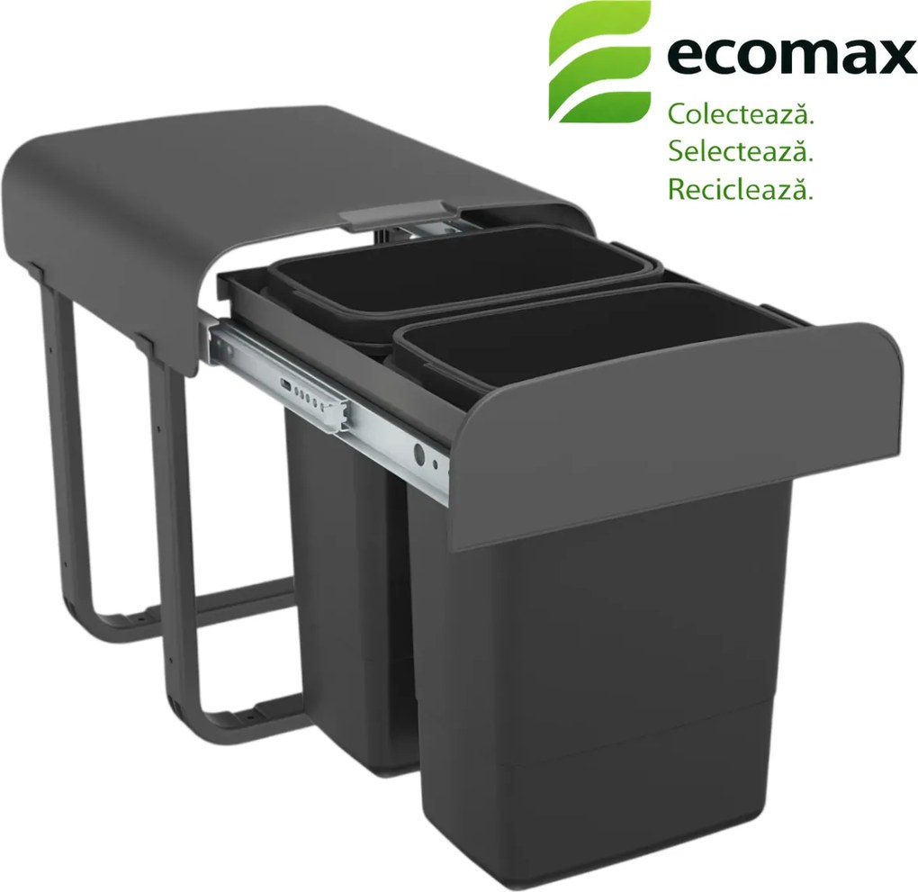 Cos gunoi incorporabil Aladin Jazz 40 Ecomax, cu extragere totala, colectare selectiva, gri antracit, 2 x 7 l Polipropilena, L:290 mm; A:330 mm; H:360