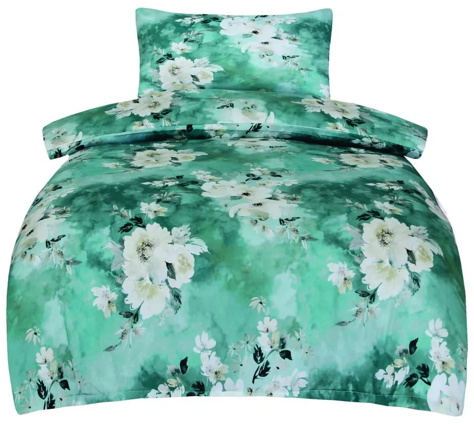 Lenjerie de pat verde din bumbac satinat pentru pat de o persoană 140x200 cm Fiona – My House