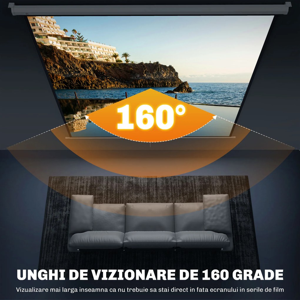HOMCOM Ecran de Proiecție 120 Inch Format 1:1, Ecran Rulabil cu Unghi de 160° și Montare pe Tavan sau Perete, 223x8x223 cm, Alb | Aosom Romania