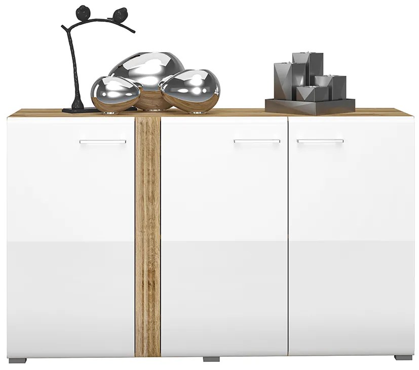 Comoda cu 3 usi, alb lucios+stejar, 150x90x42 cm, canturi abs, inchidere silentioasa usa , sertare extensie totala alb lucios stejar, 150 cm, 90 cm,
