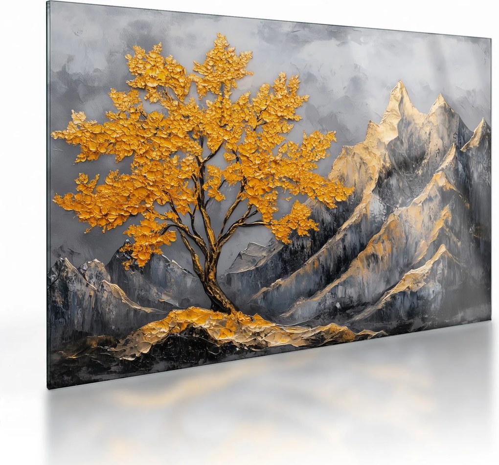 Tablou pe sticlă – Arbore auriu în munți (70x50 cm)