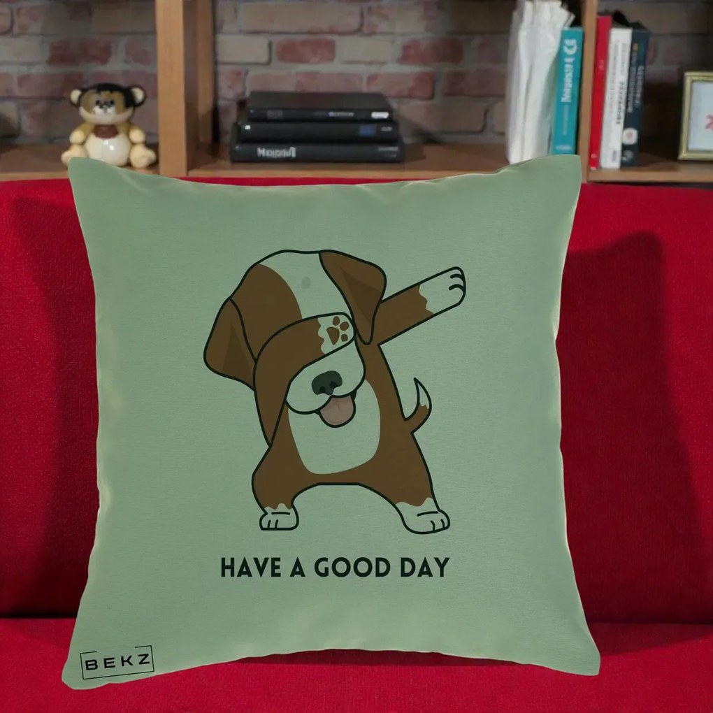 Perna Decorativa Caine Dab Have A Good Day, 40x40 cm, Verde, Husa Detasabila, Perna Inclusa, BEKZ®