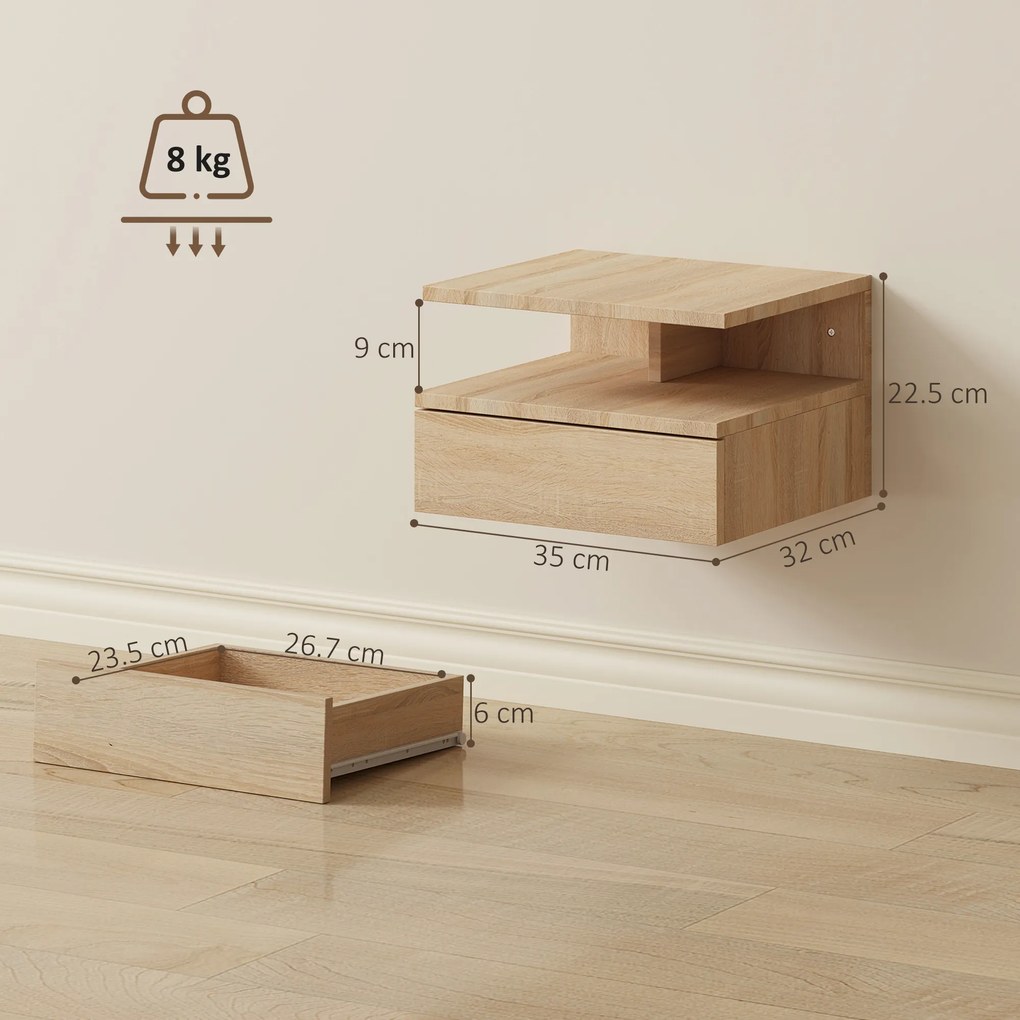 HOMCOM Set de 2 Noptiere Moderne Suspendate pentru Dormitor cu Sertar si Blat  din Lemn 35x32x22.5cm, Stejar | Aosom Romania