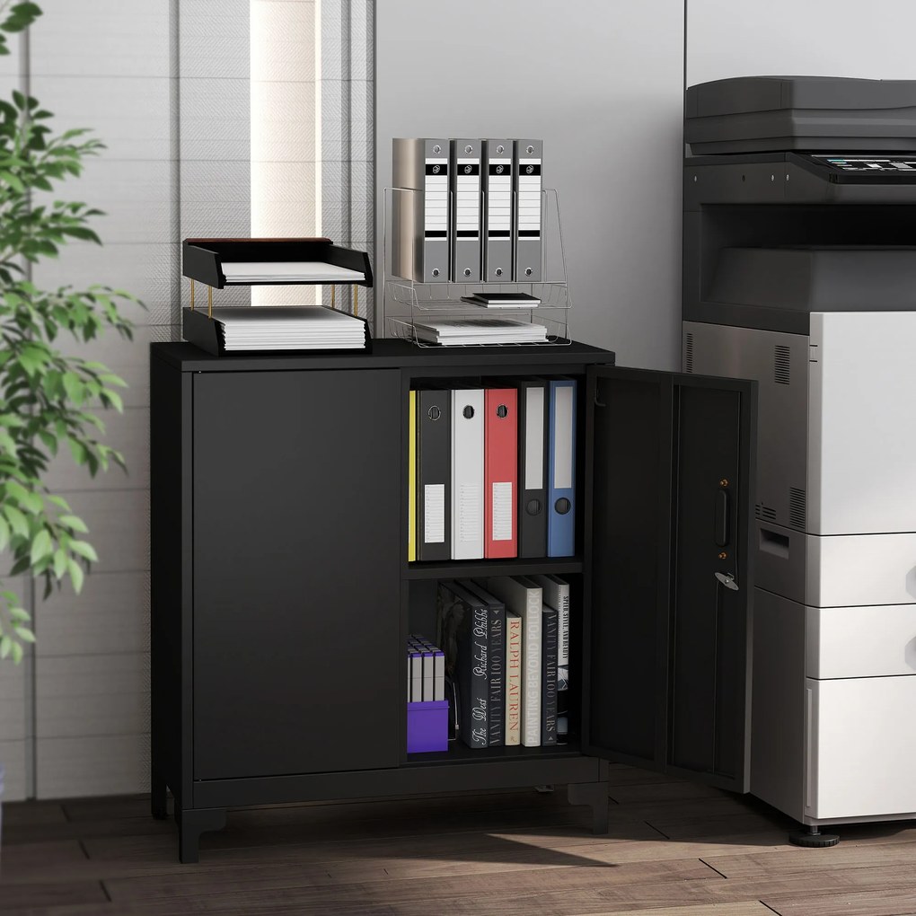 HOMCOM Dulap birou din metal, uși blocabile, comodă de birou, design cu două niveluri, Negru | Aosom Romania