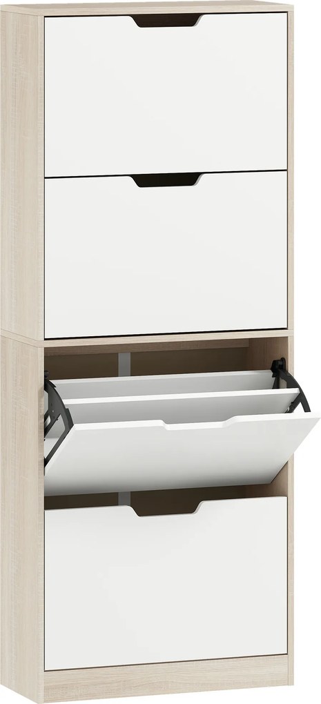 HOMCOM Dulap Subțire pentru Pantofi cu 4 Sertare pentru 16 de Perechi de Pantofi 62.5x26x156 cm, Culoare Lemn și Alb | Aosom Romania