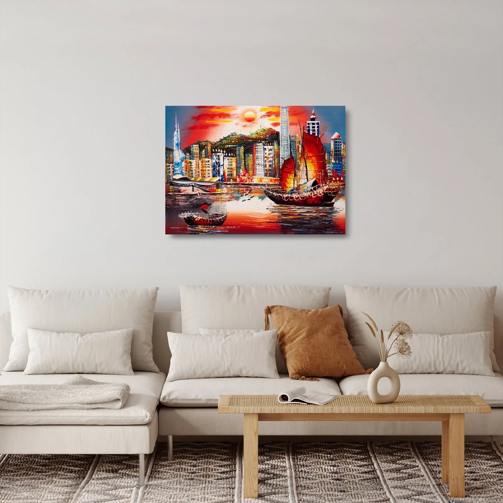 Tablou pe sticlă - Victoria Harbour, Hong Kong, pictură în ulei (70x50 cm)