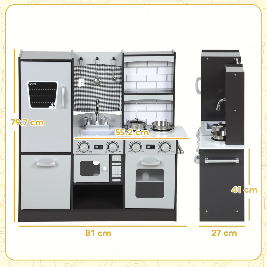 AIYAPLAY Bucătărie de Jucărie pentru Copii 3-8 Ani din Lemn cu Accesorii, Frigider, Chiuvetă și Buton cu Sunete, Maro | Aosom Romania