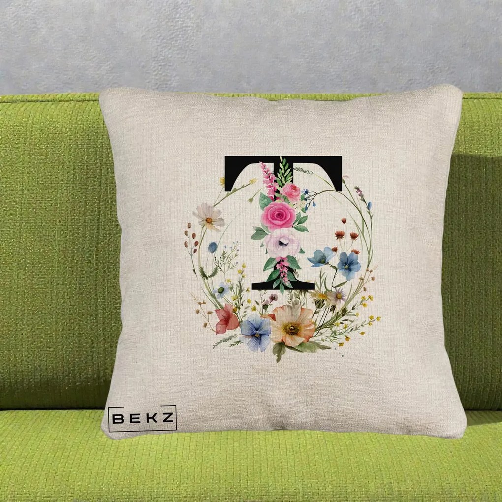 Cadou Personalizat - Perna Personalizata Monogram Litera T cu Flori Acuarela, 40x40 cm, Bej Canapea, Husa Detasabila, Perna Inclusa, BEKZ®
