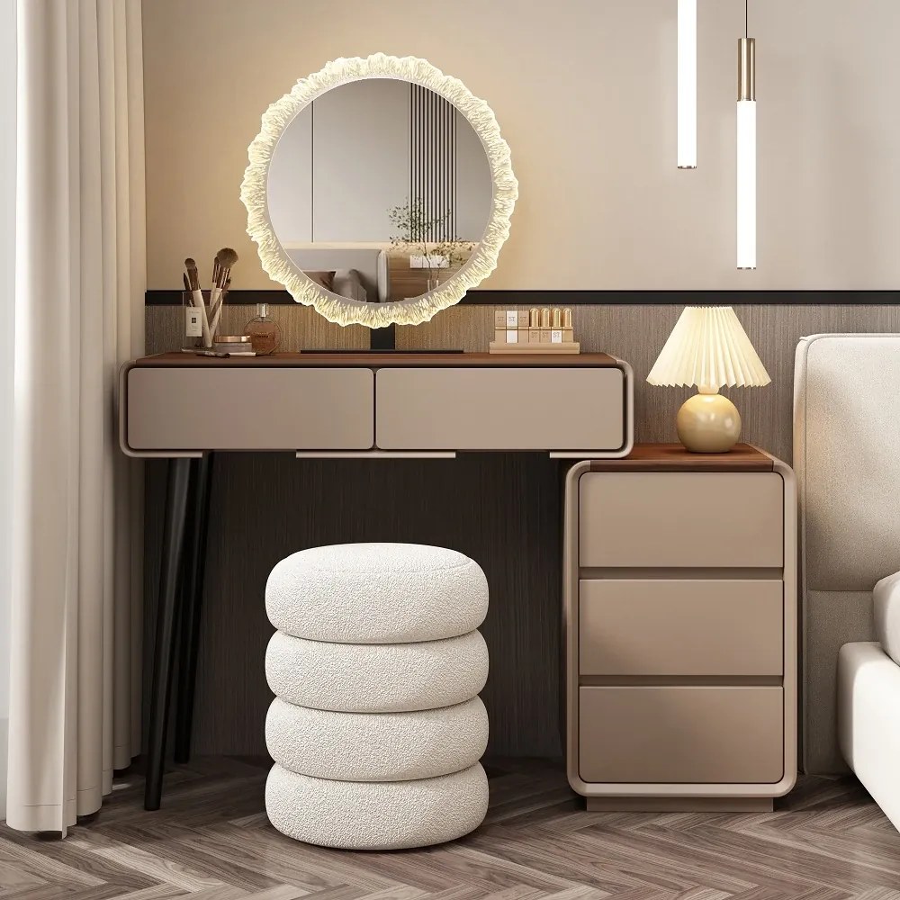 Set EMILY, Masă de toaletă pentru machiaj cu oglindă iluminată LED, în trei culori, intensitate reglabilă, control touch, comoda, taburet, 80 cm, Gri