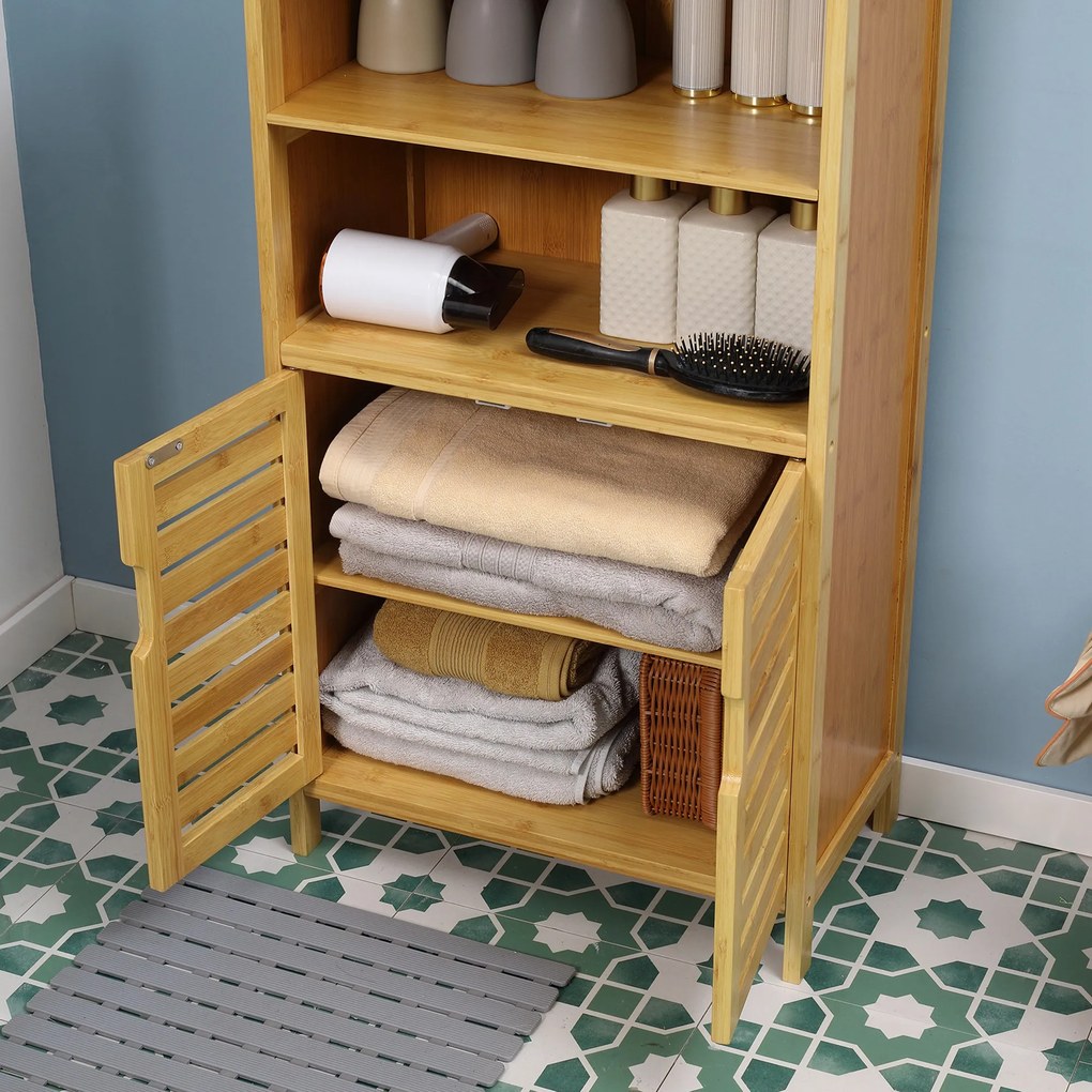kleankin Mobile Bagno in Bambù, Mobiletto Bagno Salvaspazio con 2 Ante a Persiana e Ripiani Aperti, Armadietto da Terra per Sala da Pranzo, Salotto, Soggiorno, Cucina, 50x29x92 cm, Color Legno | Aosom Romania