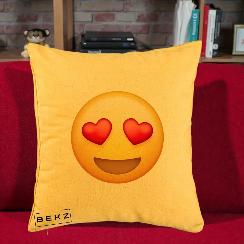 Perna Decorativa Emoji Inimi in Ochi, 40x40 cm, Galben, Husa Detasabila, Perna Inclusa, BEKZ®