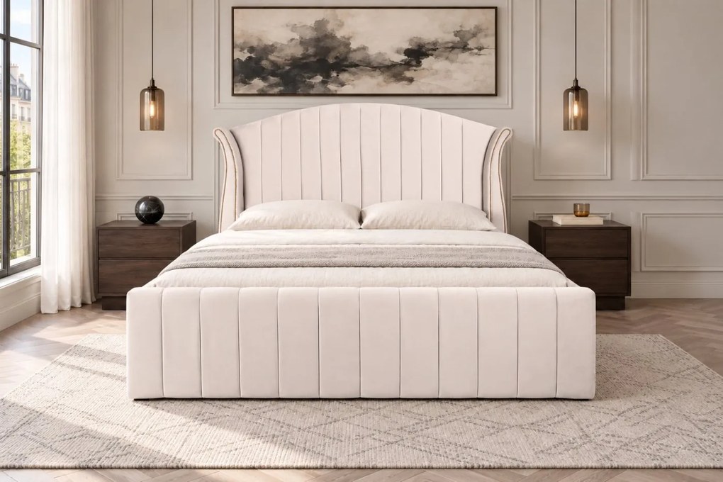 Pat tapițat din catifea Velluto Line 160×200 cm, crem, cu ladă de depozitare
