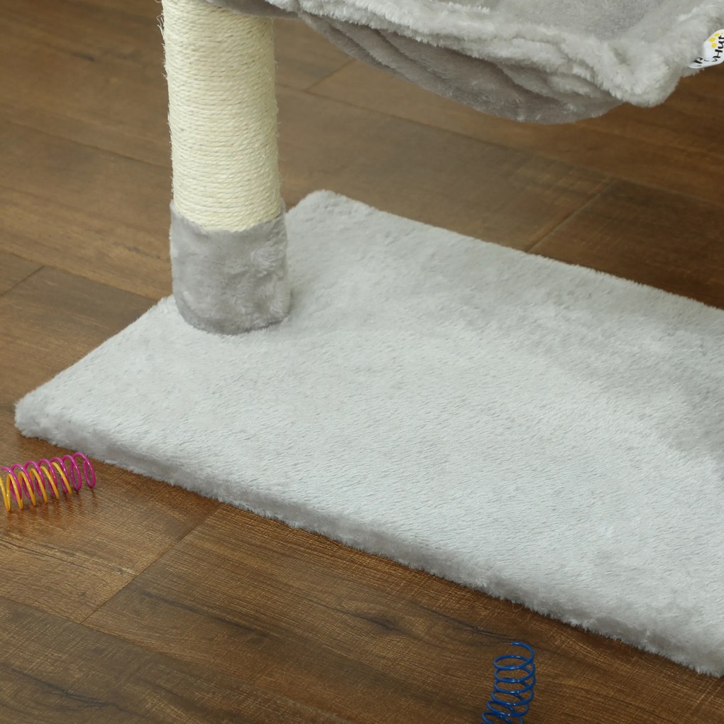 PawHut Arbore de pisici 3 dălți zgărie sisal natural platformă hamac și minge suspendată 50 x 26 x 70 cm pluș scurt gri | Aosom Romania