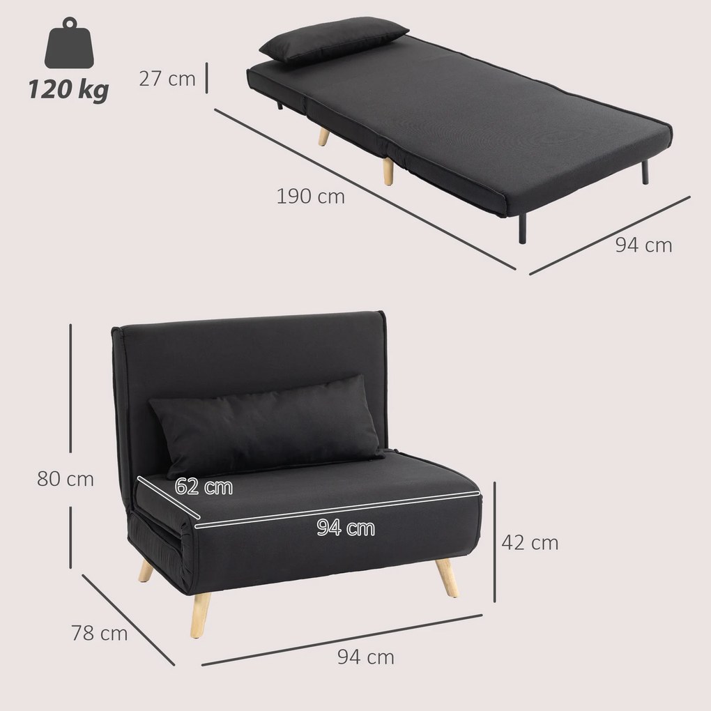HOMCOM Fotoliu Pat Individual 3 în 1 cu Spătar Reglabil pe 6 Nivele și Pernă, Canapea Pat Pliant, 94x78x80 cm, Negru | Aosom Romania