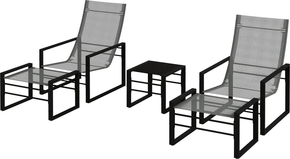 Outsunny Salon de grădină 5 piese 2 locuri cu 2 fotolii, 2 scaune pentru picioare și 1 masă, metal negru, șezut material mesh gri | Aosom Romania