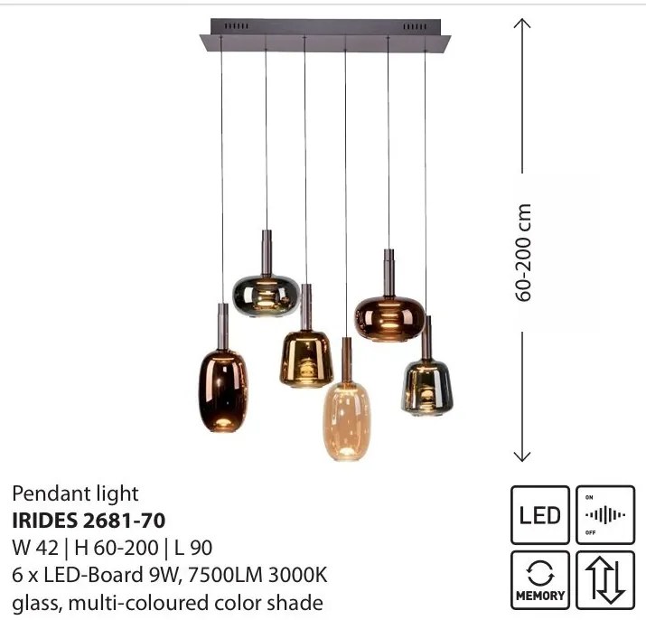 Lustra cu 6 pendule LED, inaltime reglabila, sticla, multicolor, IRIDES