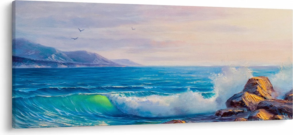 Tablou - Valuri lovind stânci, pictură în ulei (120x50 cm)